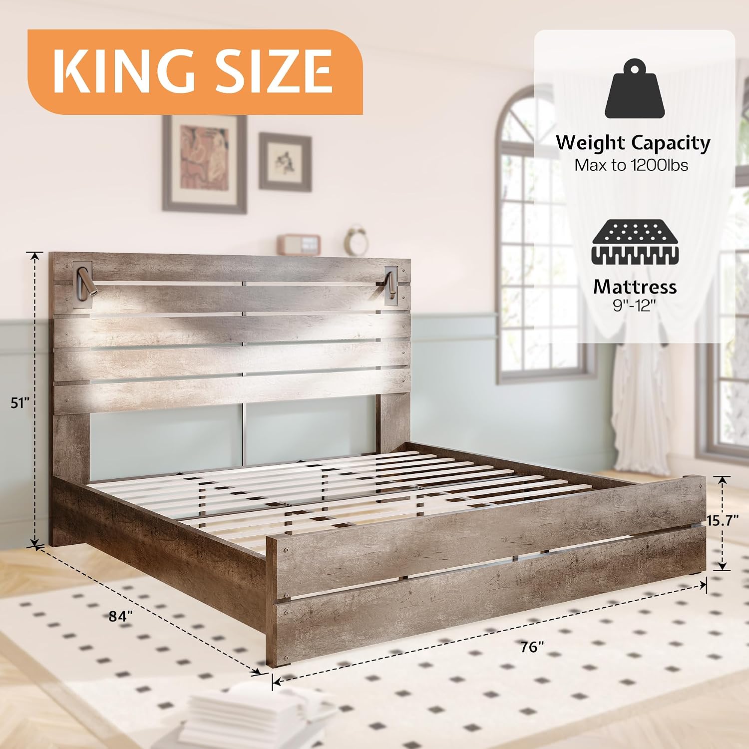 Jocisland King Size Farmhouse Bed Frame with 51' Barn Door Headboard, LED Reading Lights, Platform Bed Frame with Wood Slats, Under Bed Storage Space, Noisy Free, Easy Assembly, Rustic Gray