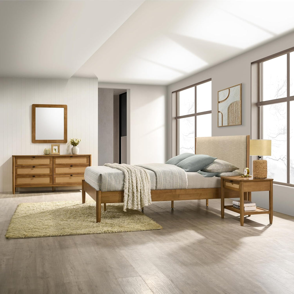 Roundhill Furniture Vichy 6-Piece Rubberwood Bedroom Set with Textured Polyester Upholstered King Bed, Dresser, Mirror, 2 Nightstands, and Chest