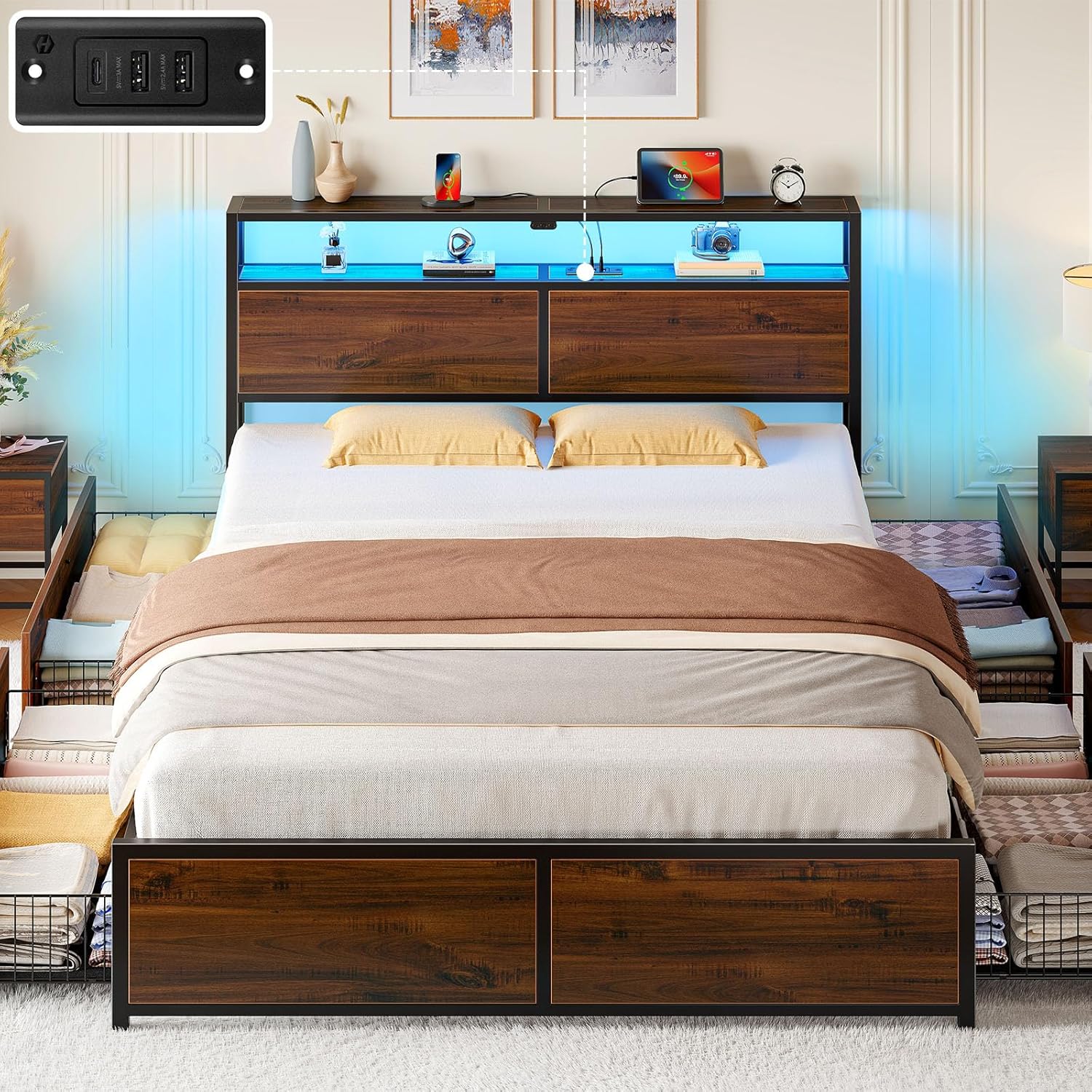 Rolanstar Queen Bed Frame with 4 Storage Drawers, Charging Station and LED Lights, Metal Platform Bed with 2-Tier Storage Headboard, No Box Spring Needed, Easy Assembly, Noise-Free, Walnut