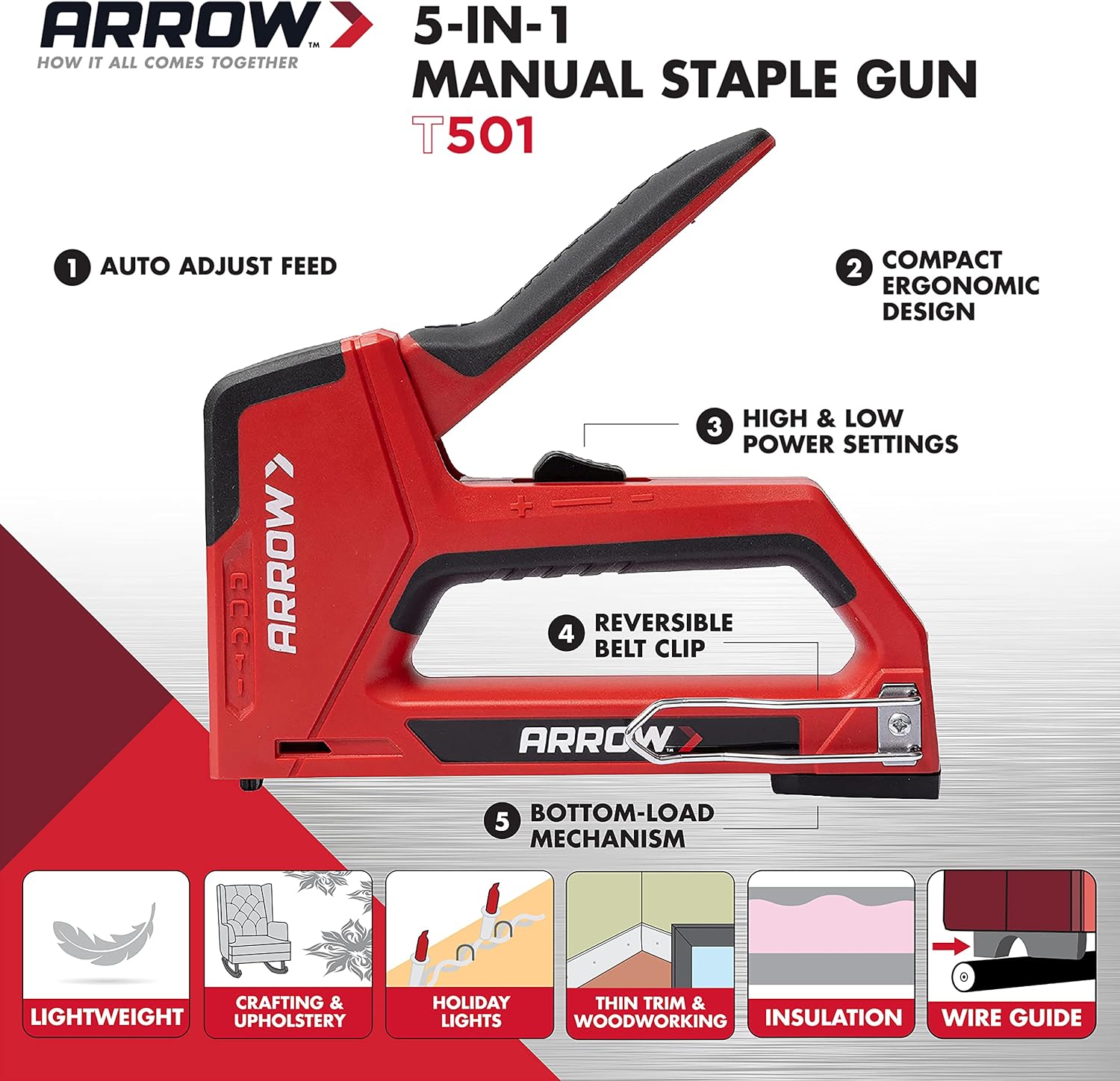 Arrow T501 5-in-1 Manual Staple & Nail Gun, Wire Stapler, and Brad Nailer for Wood, Upholstery, Construction, Insulation, Crafts, Fencing, and Cable, Black/Red (Pack of 4)