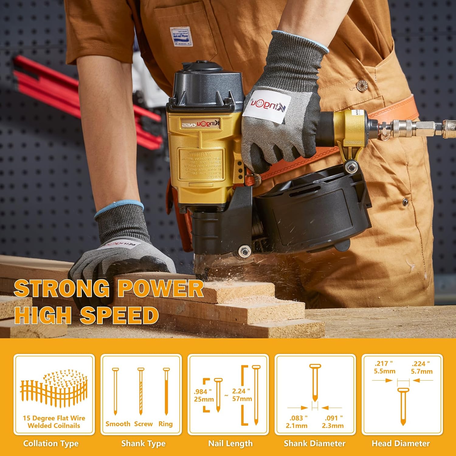 Kingou CN55 Coil Siding Nailer Gun For Wooden Pallet Accepts 1 Inch To 2-1/4-Inch Nails With 1/4 NPT Air Connector 300-400pcs Load Capacity Coil Nailer Coil Nail Gun For Wooden Box Packing