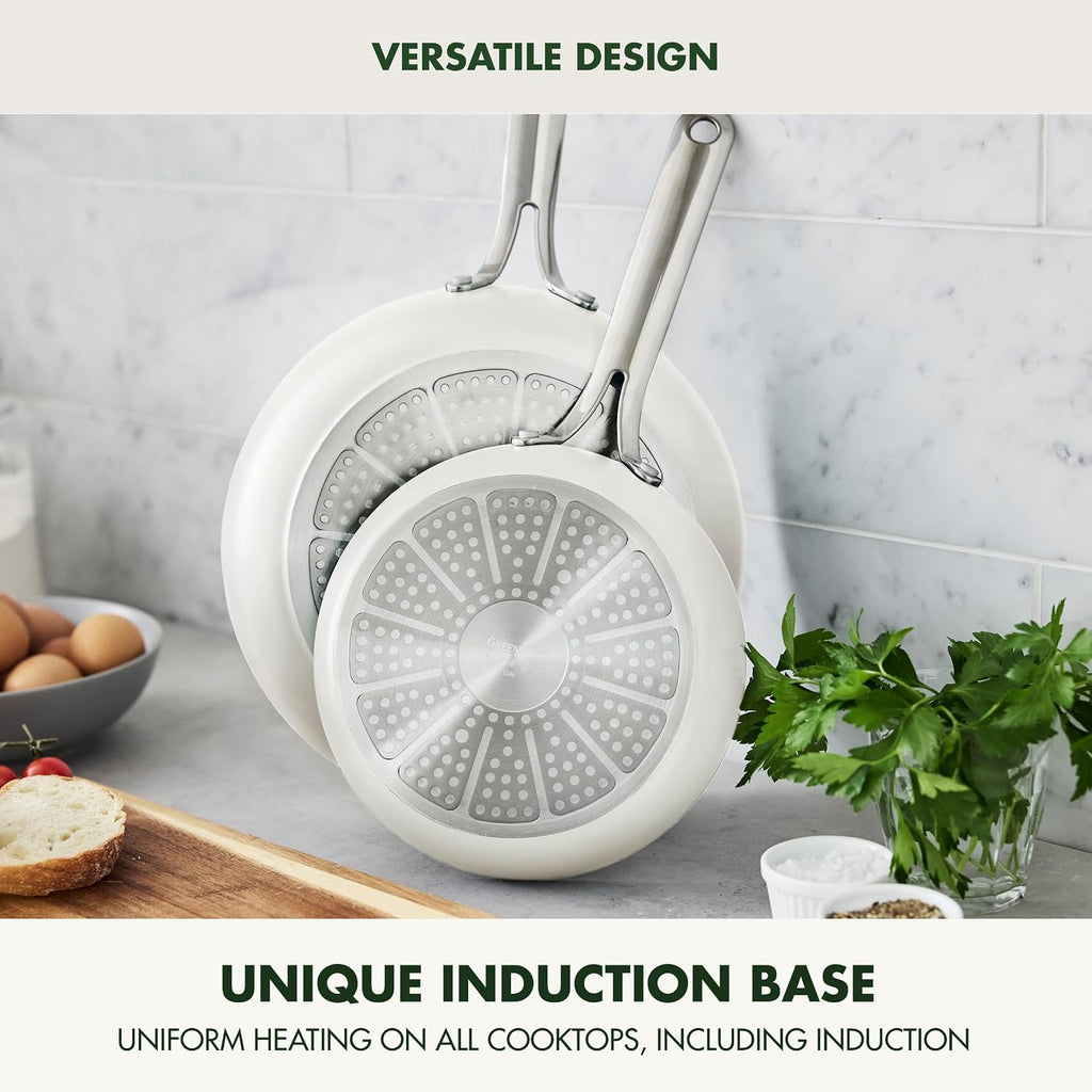GreenPan Nova 8' & 10' 2 Piece Frying Pan Skillet Set, Oprah's Favorite Things 2024, Induction Suitable PFAS-Free Nontoxic Ceramic Nonstick, Dishwasher & Oven Safe, Quick Even Heating, Cream White