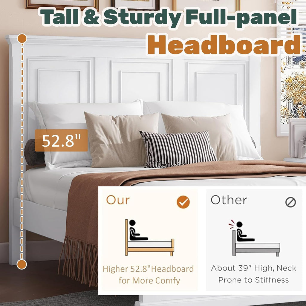 Wood Bed Frame Queen with Tall Headboard & Footboard, Traditional Queen Panel Bed with USB Charging Station for Bedroom, Guest Room, Easy Assembly, No Box Spring Required,White