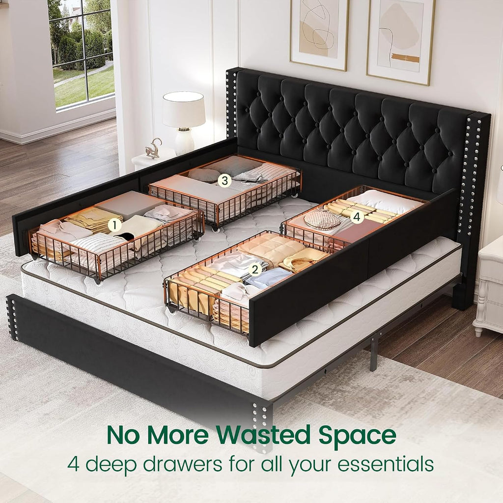 LARMACE King Size Bed Frame with 4 Storage Drawers and Tufted Headboard Velvet Upholstered Platform Bed Frame with Heavy Duty Wood Slats, No Box Spring Needed, Easy Assembly,Black