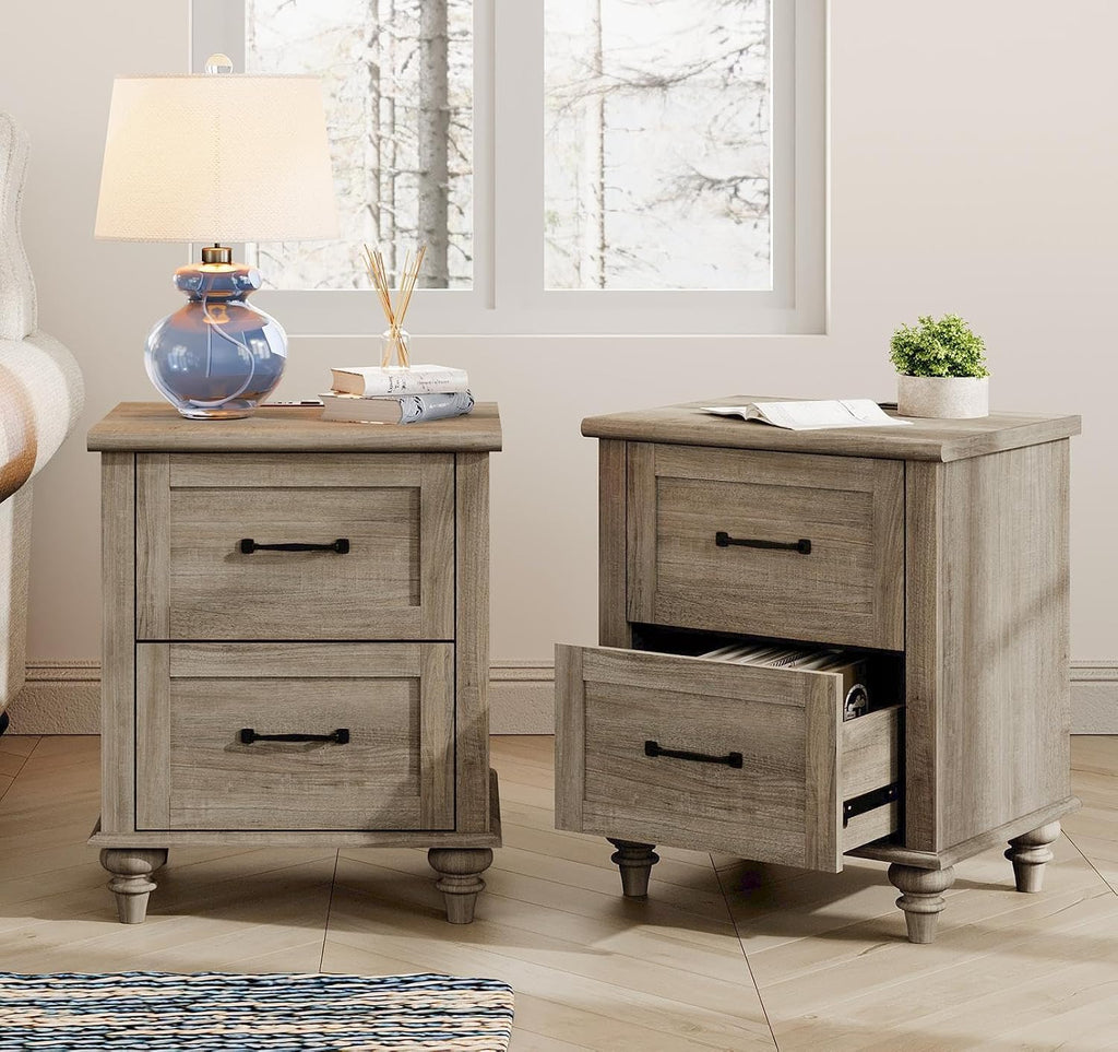 WAMPAT Nightstands with Charging Station Set of 2, 20 Inch Bedside Table with 2 Drawers, Farmhouse Night Stand Wood End Tables with Solid Wood Legs for Bedroom, Grey