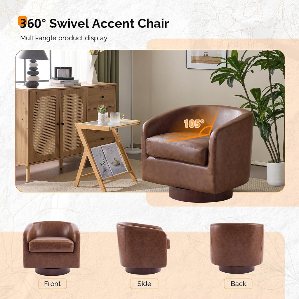 VINGLI 360°Swivel Accent Chairs Set of 2 with Engineered Wood Base and Removable Cushion for Living Room, Bedroom, Curved Back Barrel Chairs for Small Space, Upholstered Bucket Armchairs, Pu-Brown