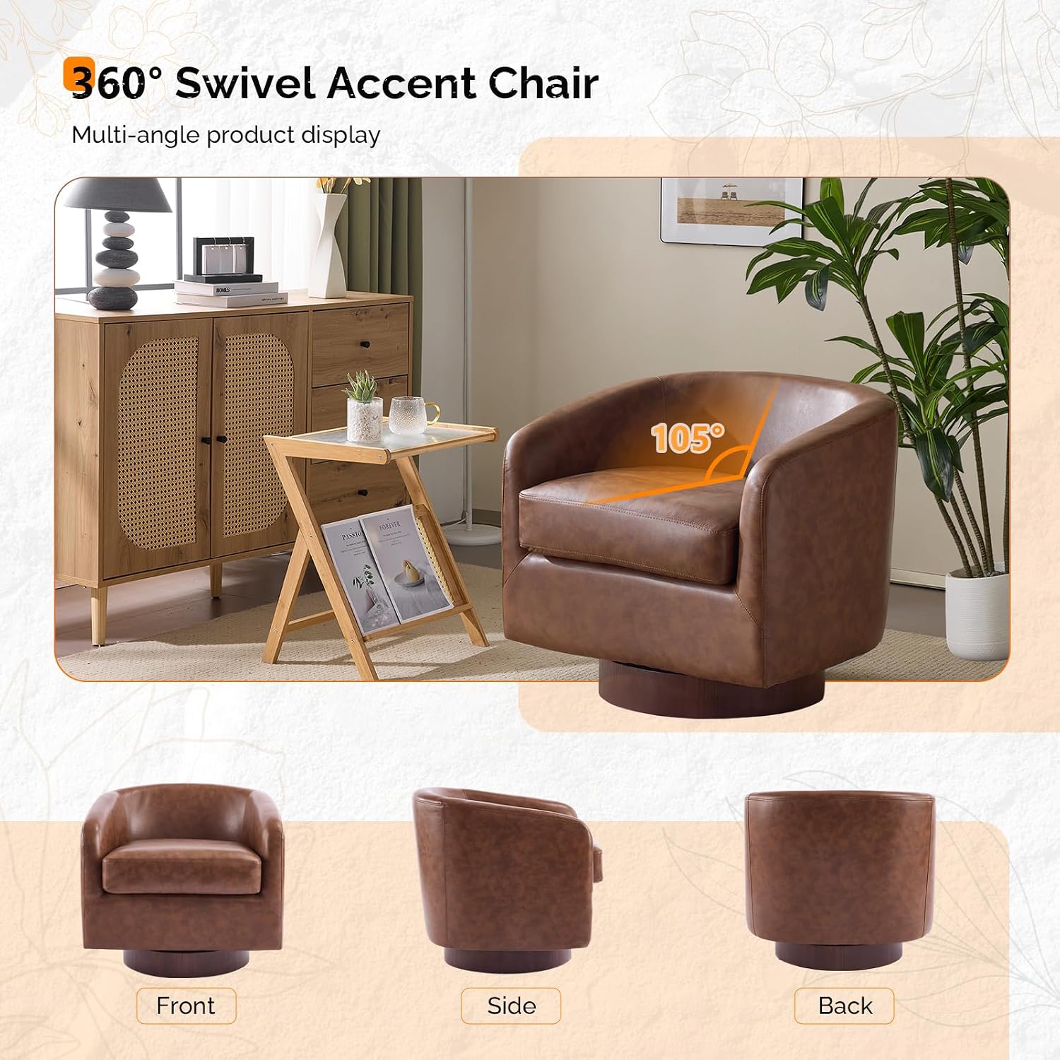 VINGLI 360°Swivel Accent Chairs Set of 2 with Engineered Wood Base and Removable Cushion for Living Room, Bedroom, Curved Back Barrel Chairs for Small Space, Upholstered Bucket Armchairs, Pu-Brown