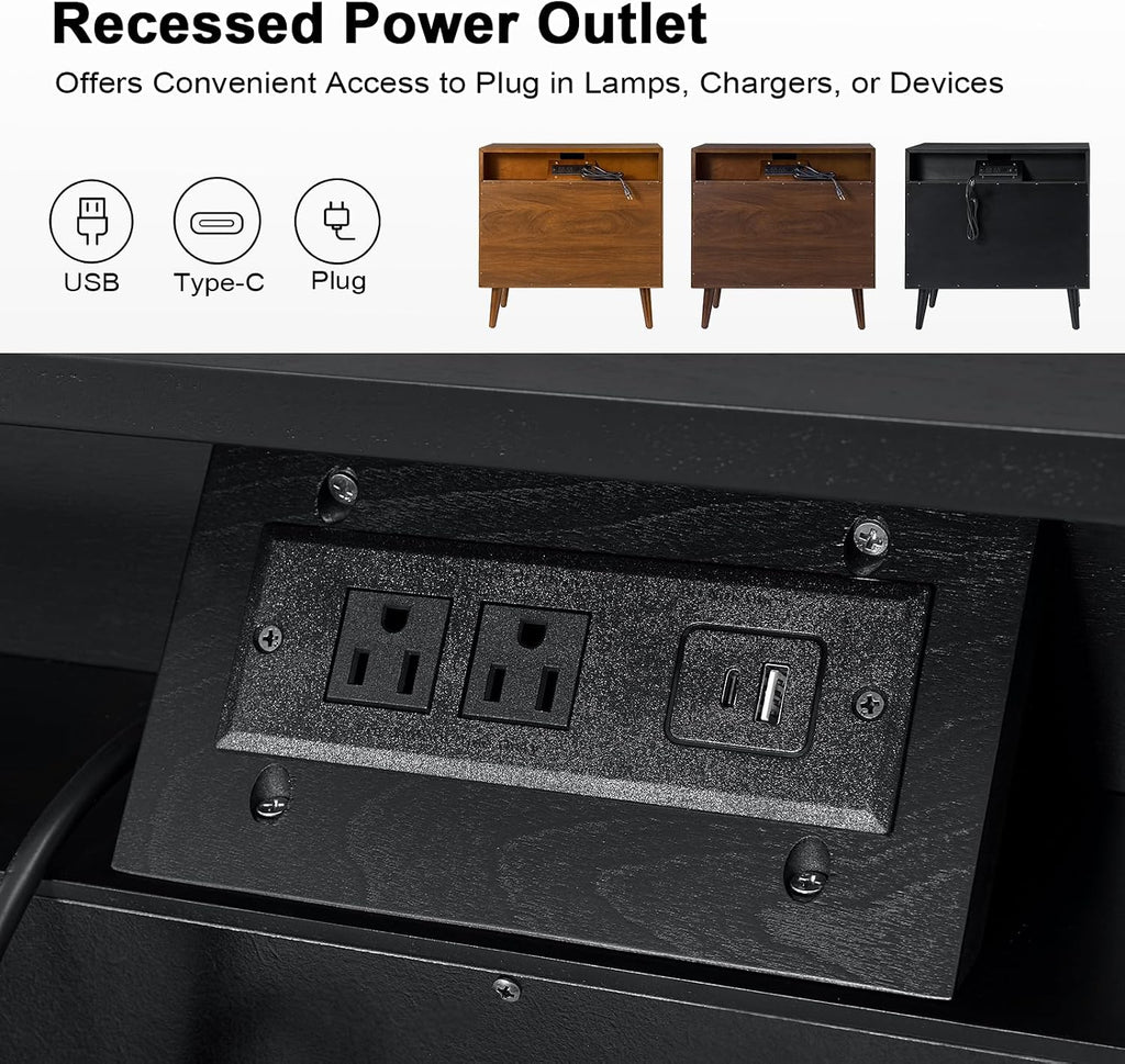 HULALA HOME Mid-Century Modern Nightstand, 3-Drawers Nightstand with Charging Station(Black)