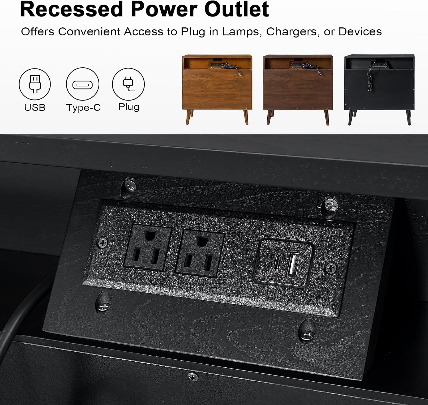 HULALA HOME Mid-Century Modern Nightstand, 3-Drawers Nightstand with Charging Station(Black)
