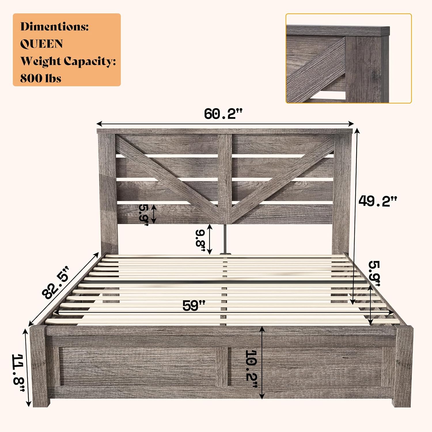 AMERLIFE Queen Size Bed Frame with 49.2' Barn Door Headboard and Footboard, Farmhouse Platform Bed Frame with Wood Slats, No Box Spring Needed, Under Bed Storage, Rustic Gray