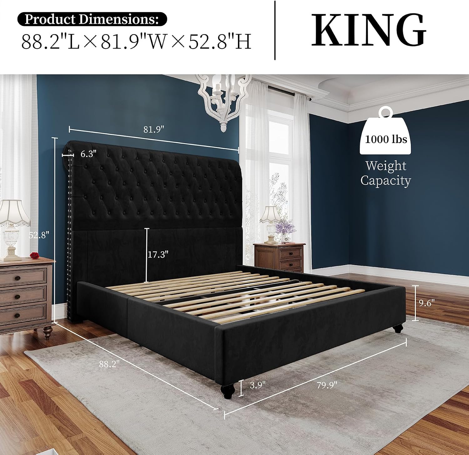 PaPaJet King Bed Frame Upholstered Platform Bed Frame with 53'' Tall Sleigh Headboard, Button Tufted, No Box Spring Needed, Easy Assembly, Black