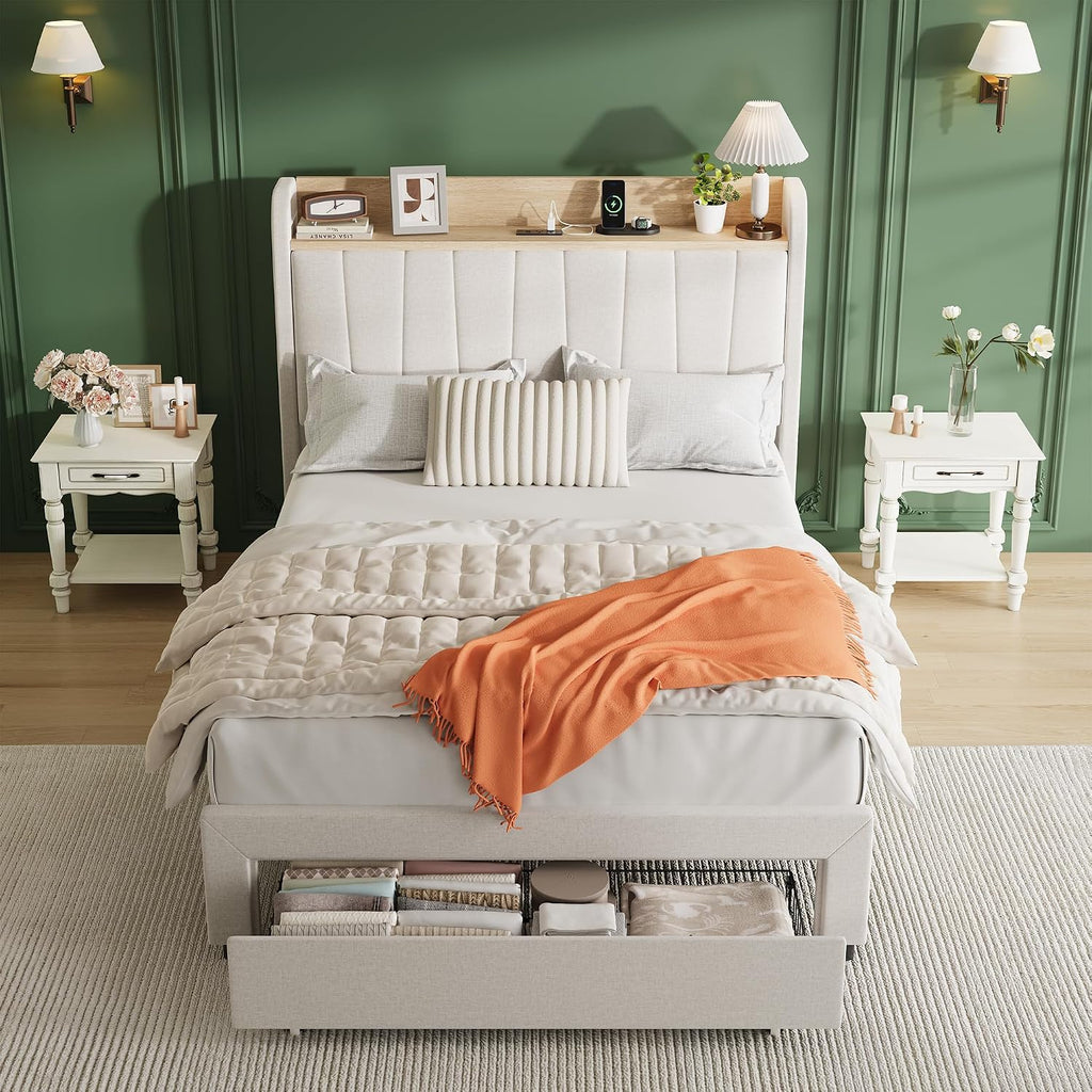 GarveeHome Twin Size Bed Frame with Storage Headboard and Charging Station, Upholstered Platform Bed Frame with Drawers, Heavy Duty, No Box Spring Needed, Easy Assembly, Beige