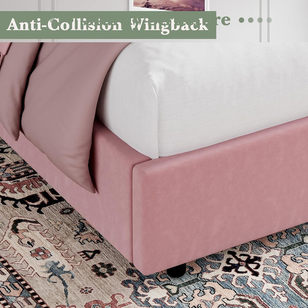 HOMBCK Pink Queen Bed Frame, Upholstered Platform Bed Frame with Velvet Tufted Headboard, Curved Wingback Design, Wooden Slats, No Box Spring, Noise Free, Easy Assembly