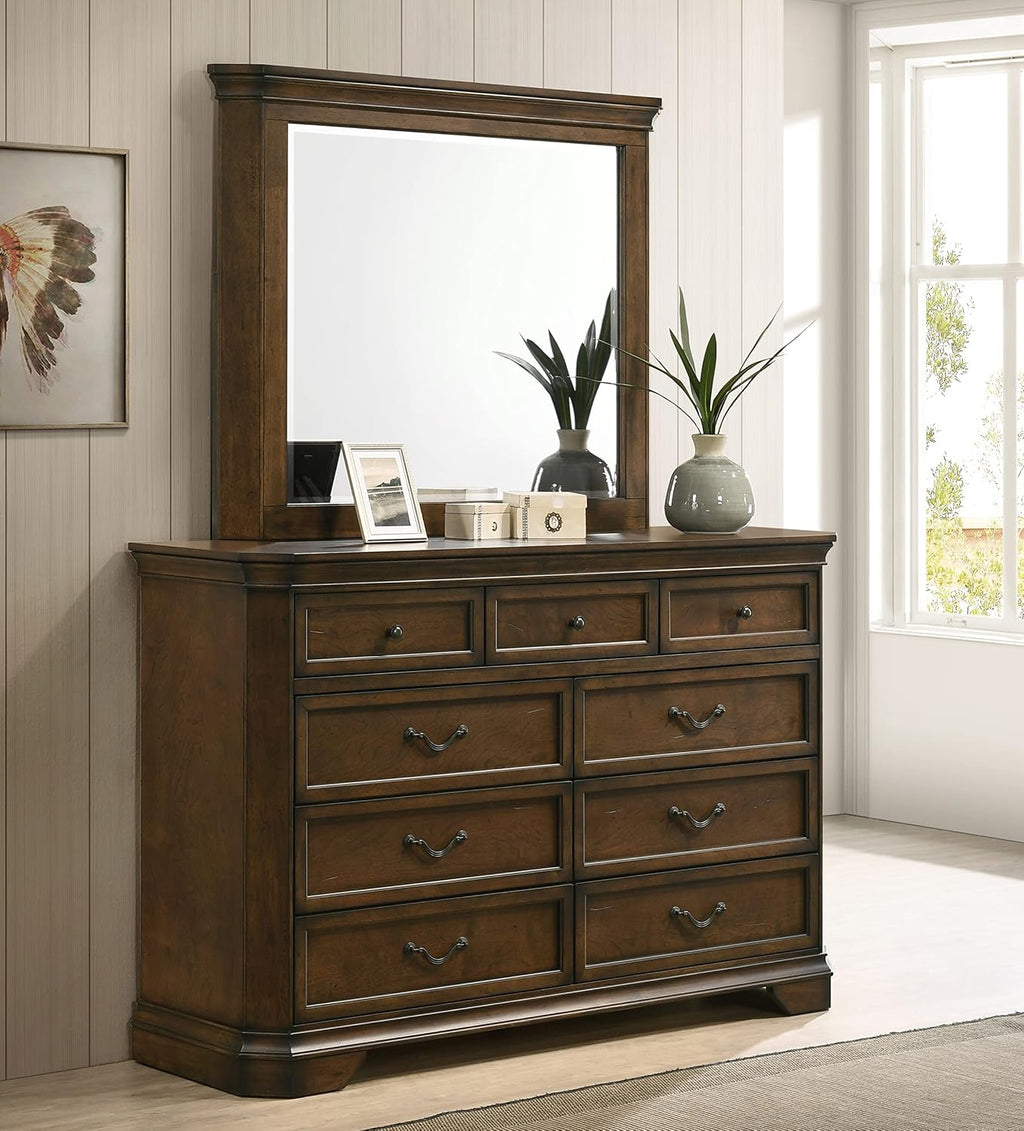 Roundhill Furniture Maderne Traditional Wood Panel Bed with Dresser, Mirror, Nightstand, Chest, Queen, Antique Walnut Finish