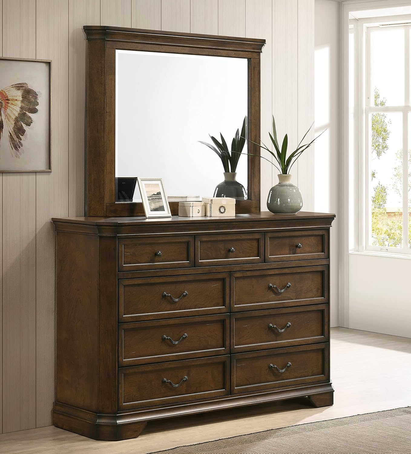 Roundhill Furniture Maderne Traditional Wood Panel Bed with Dresser, Mirror, Two Nightstands, Queen, Antique Walnut Finish