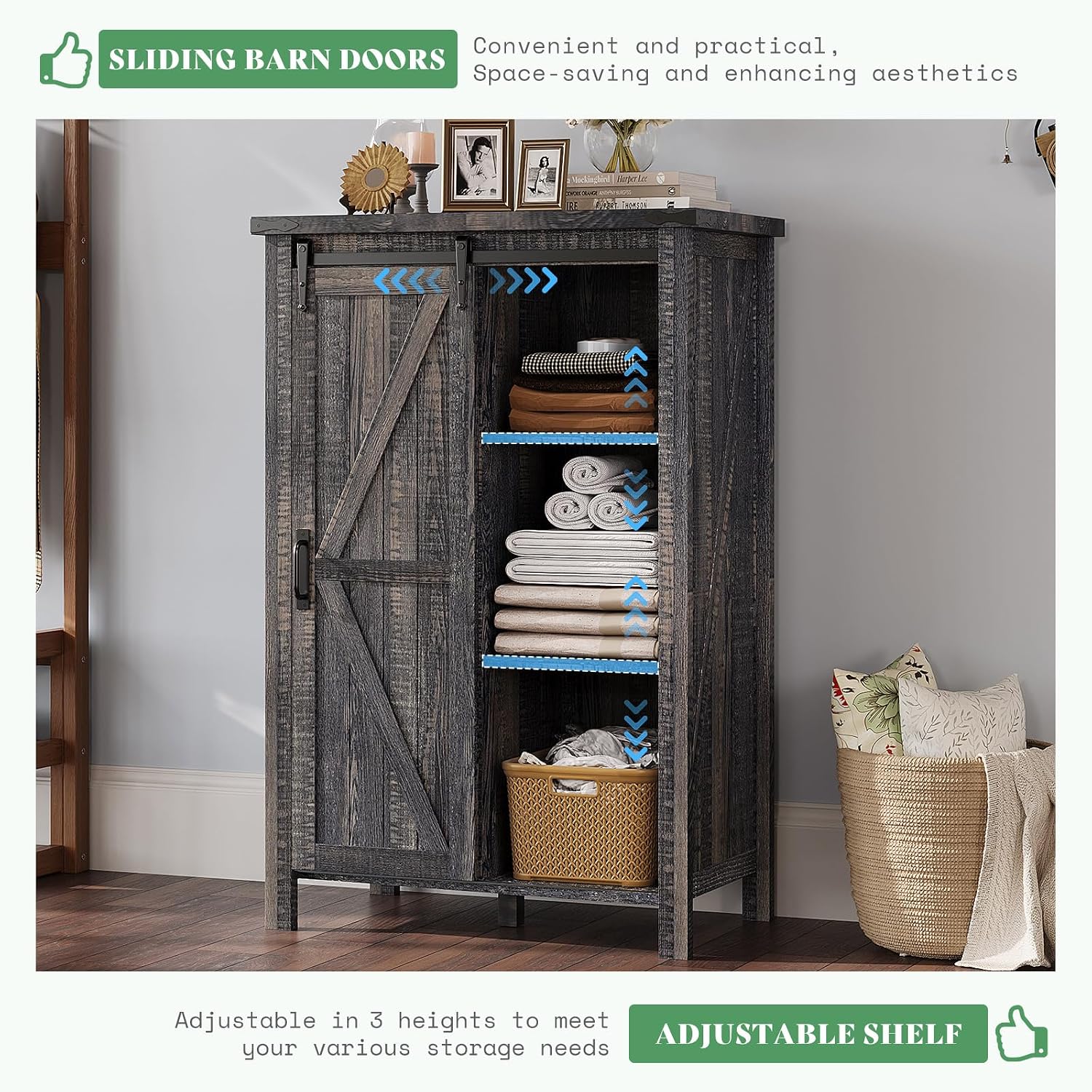 AMERLIFE 2PCS Farmhouse Dresser Set with Sliding Barn Doors, Bedroom Sets Include 47'' Dresser with 4 Drawers, 5-Drawer Tall Dresser, Black Oak