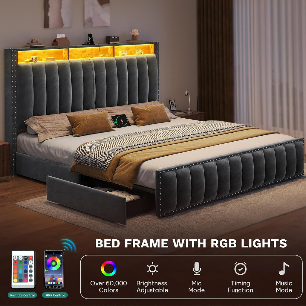 YITAHOME King Size Bed Frame wi/ 4 Storage Drawers and RGB LED Lights, Velvet Upholstered Platform Bed w/Charging Station and Bookcase Storage Headboard, No Box Spring Needed, Easy Assembly, Dark Gray