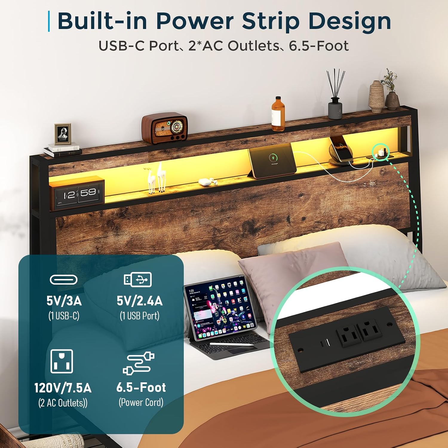 SADENICEL Queen Bed Frame with Storage Headboard and 4 Drawers, Metal Platform Bed Frame with LED Light, Charging Station, No Box Spring Needed, Noise Free, Easy Assembly, Vintage Brown