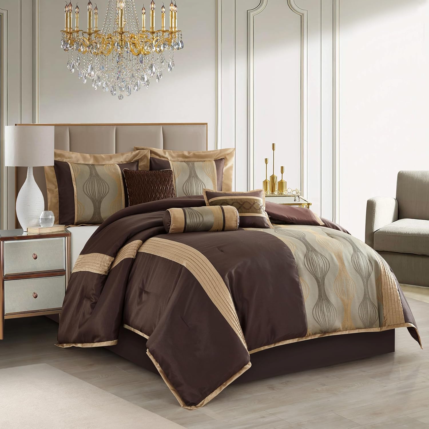Stratford Park Elegant Brown Comforter Set King 7 Piece Bed in a Bag, Striped, Jacquard Bedding Set All Season, Matching Decorative Pillows, Pillow Sham