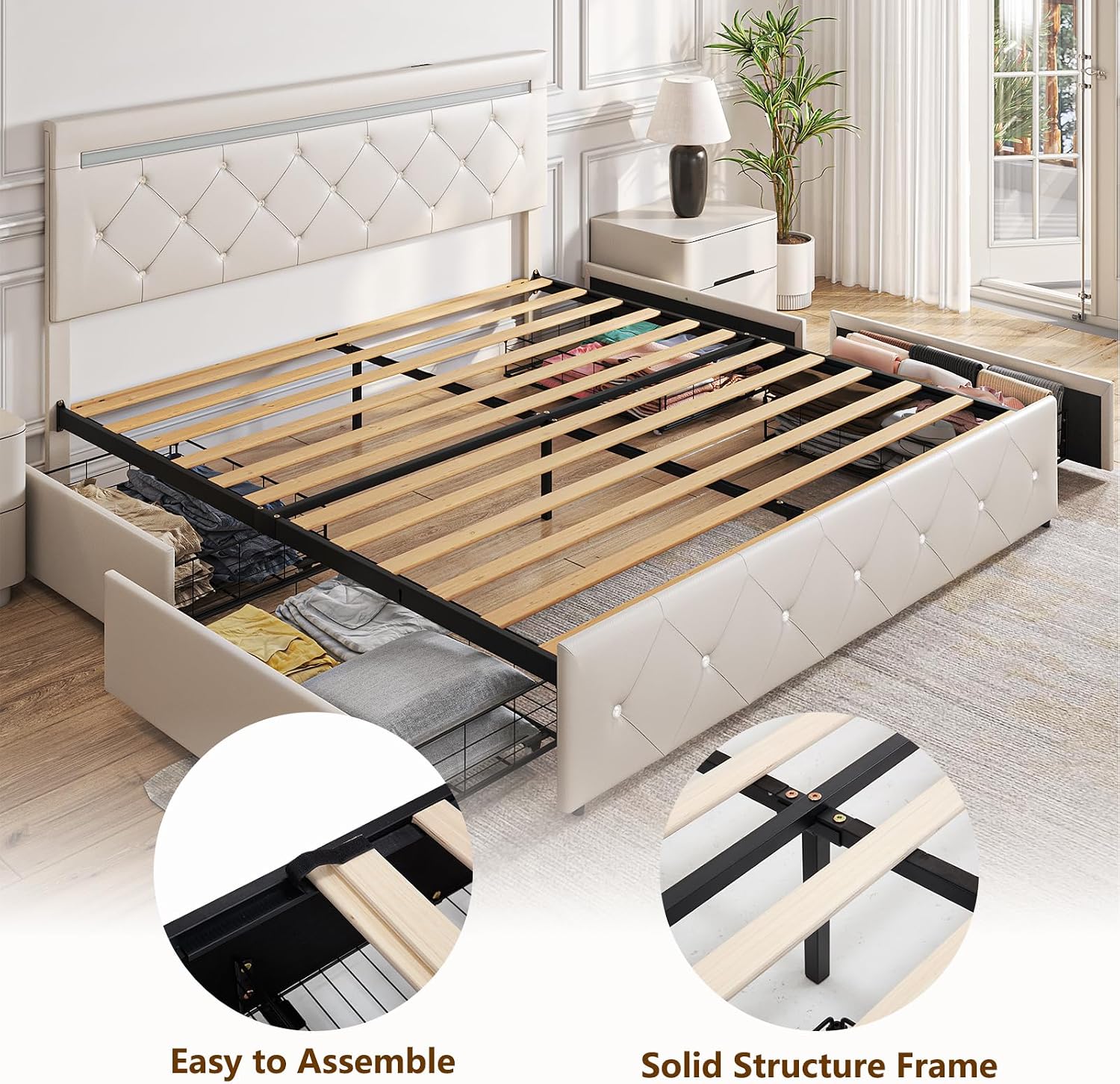 Benevika Queen Size Bed Frame with 4 Drawers and Adjustable LED Headboard, PU Leather Upholstered Platform Storage Bed with Charging Station, Wooden Slats Support, No Box Spring Needed, White