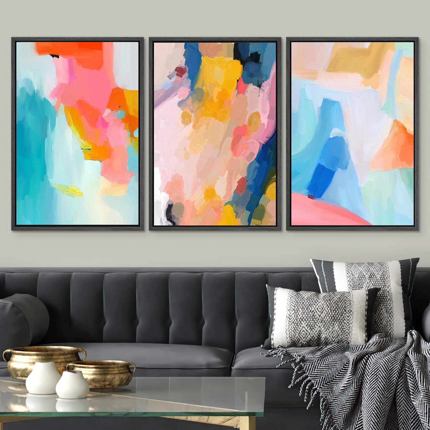 SIGNWIN Framed Canvas Print Wall Art Set Vibrant Rainbow Paint Stroke Collage Shapes Abstract Illustrations Modern Art Decorative Nordic for Living Room, Bedroom, Office - 16'x24'x3 Black