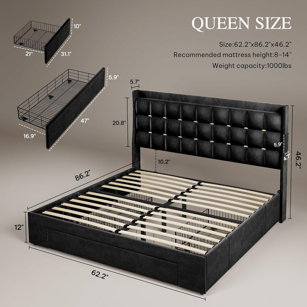 YITAHOME Queen Size Bed Frame with 3 Storage Drawers and RGB LED Lights, Velvet Upholstered Bed with Charging Station and Storage Headboard, No Box Spring Needed, Noise-Free, Cool Black