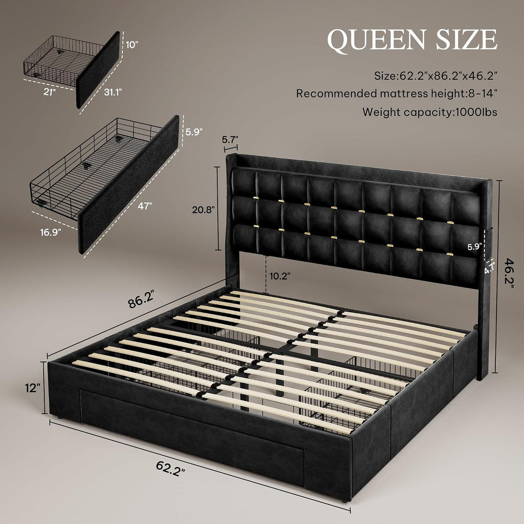 DWVO Queen Size Bed Frame with 3 Storage Drawers and RGB LED Lights, Velvet Upholstered Bed with Charging Station and Storage Headboard, No Box Spring Needed, Easy Assembly, Noise-Free, Black