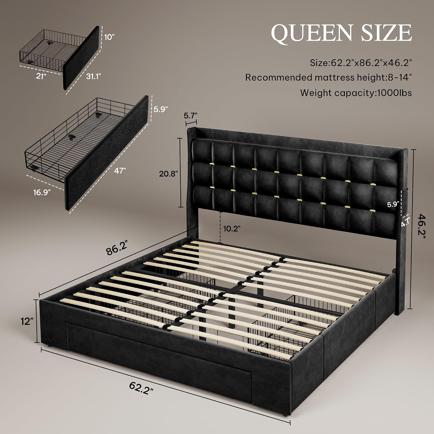DWVO Queen Size Bed Frame with 3 Storage Drawers and RGB LED Lights, Velvet Upholstered Bed with Charging Station and Storage Headboard, No Box Spring Needed, Easy Assembly, Noise-Free, Black