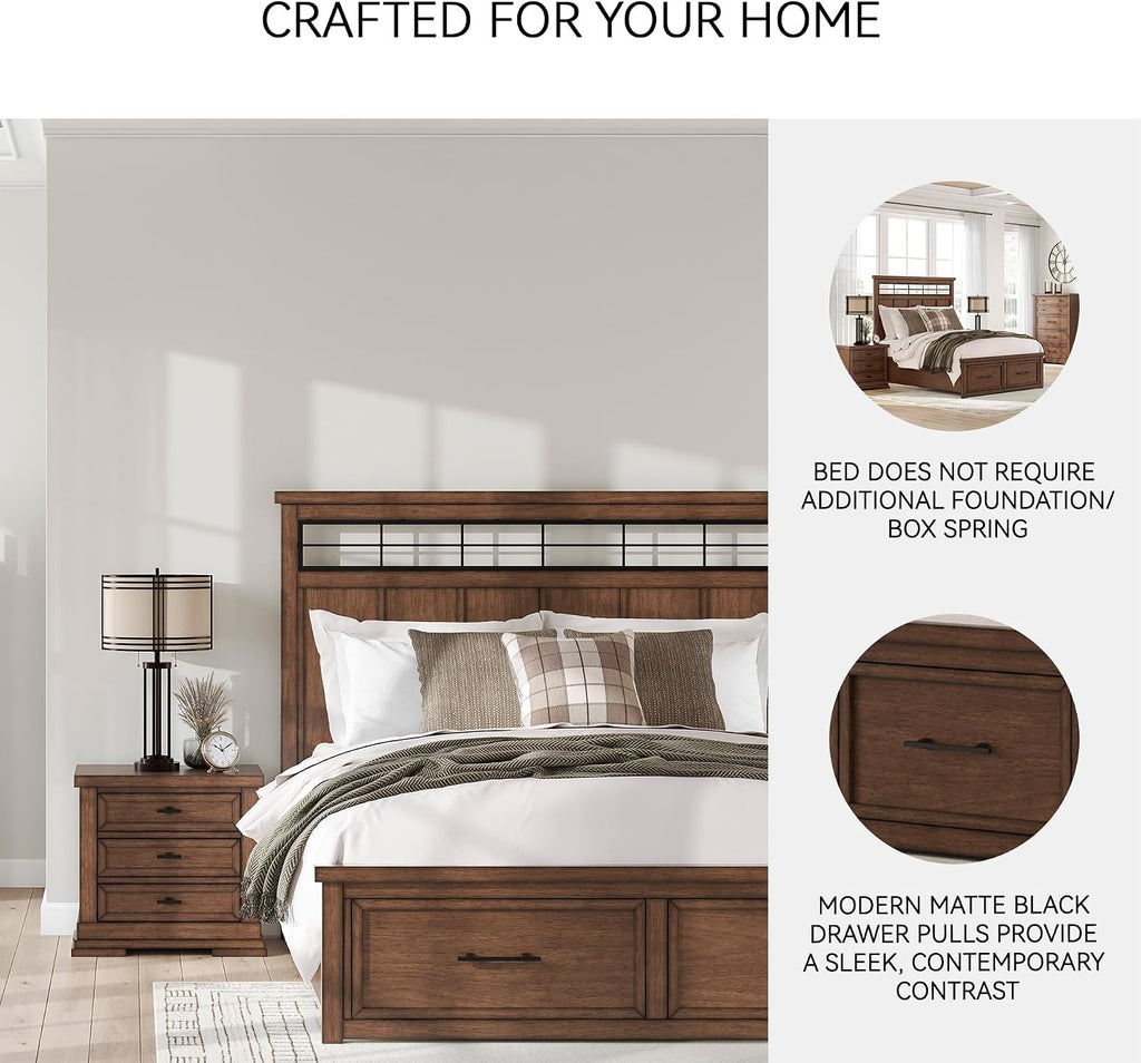 Signature Design by Ashley Taffenbrook Queen Bed Frame with Headboard, 2-Drawer Storage Platform Bed, Hardwood Solids, Mango Wood Veneer, MDF, Rich Brown Finish
