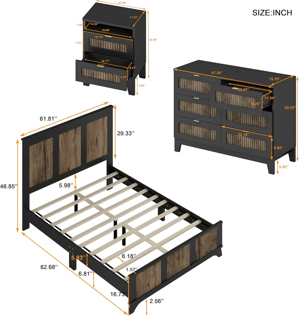 4 Piece Bedroom Furniture Set,Farmhouse Queen Size Platform Bed with Wooden Strip Decoration,2 Storage Nightstand and Dresser with Metal Handles,Wood Bedroom Furniture Set for Home,Bedroom,Black