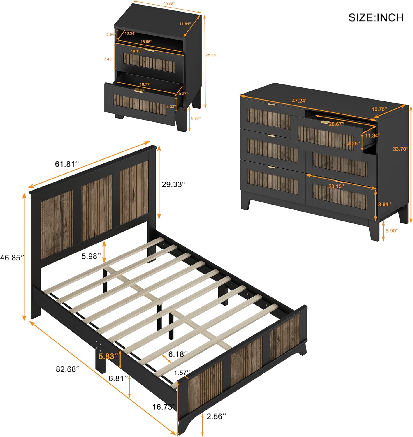 SOFTSEA Farmhouse 4 Piece Queen Size Bedroom Set with Dresser Night Stand, 2 Nightstands and Dresser, Wood Platform Bed with Tall Headboard, Black