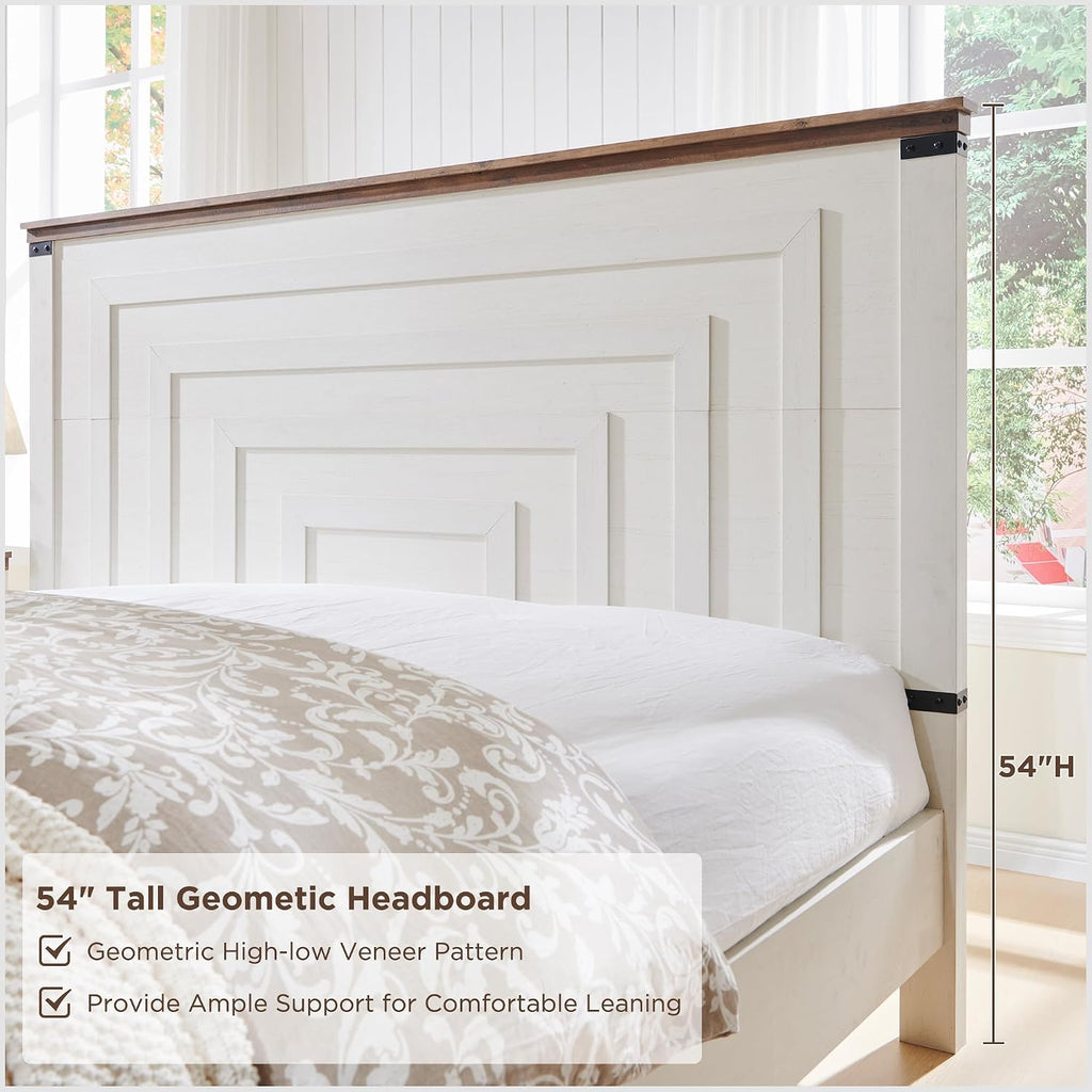 RedLemon Farmhouse King Size Bed Frame w/ 54' Tall Geometric Headboard, Rustic Wood Platform Bed w/ 2 Large Storage Drawers, Wood Slats Support, Noise Free, No Box Spring Needed, Antique White
