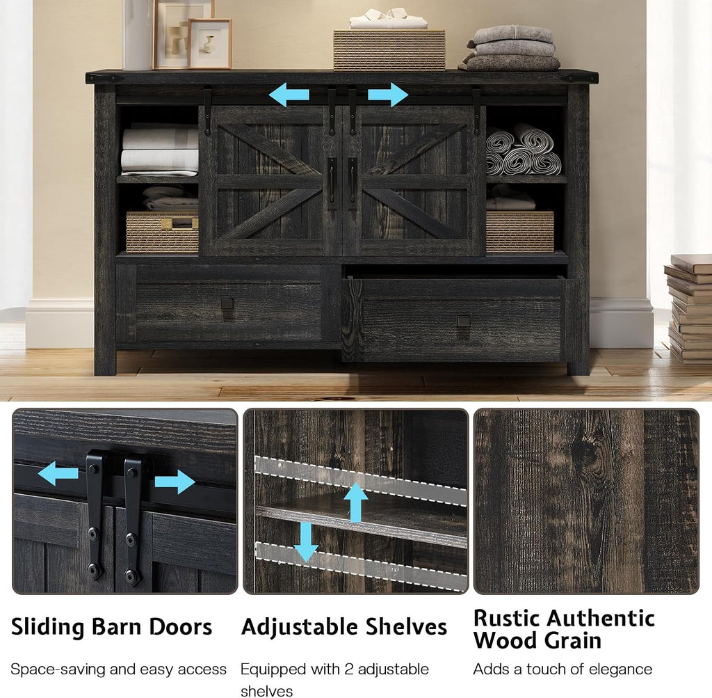 LUXOAK 3 Pieces Bedroom Set - Includes 60' Farmhouse Dresser, 48' Chest of Drawers with Sliding Barn Doors, 48' Tall Storage Cabinet with 5 Drawers, Oak Black
