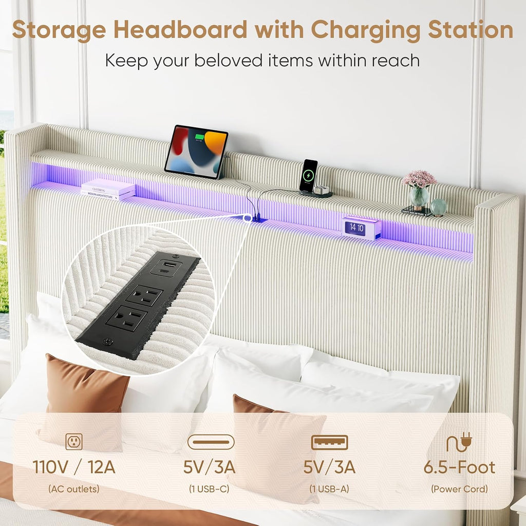 King Size Bed Frame with Tall Headboard, 55.3' Upholstered Platform King Bed Frame, Elegant Corduroy Wingback Bed with LED Lights & Charging Station, No Box Spring Needed, Solid Wood Slats, Cream
