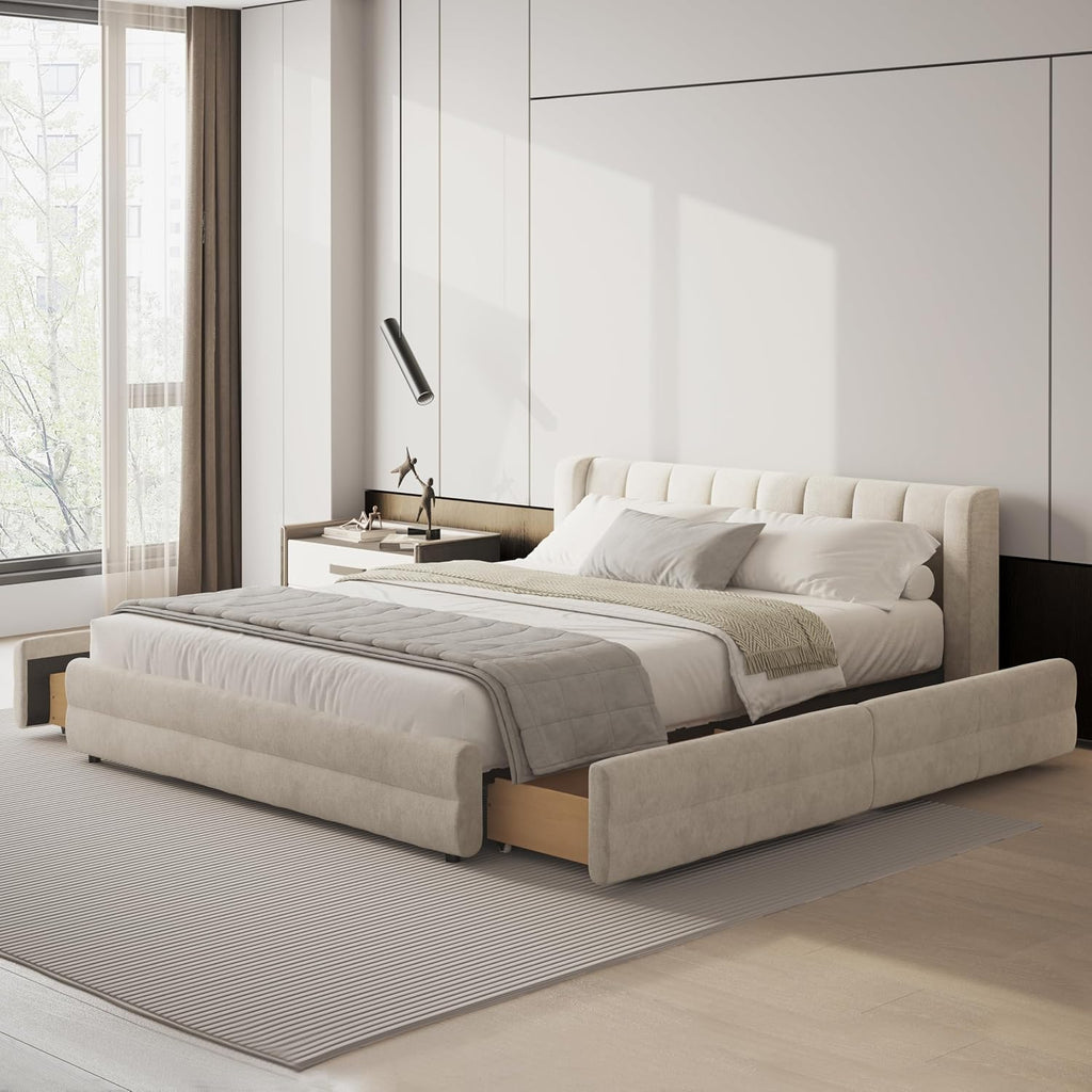 DEINPPA Queen Size Bed Frame with 4 Storage Drawers and Cloud Soft Headboard, Chenille Upholstered Grounded Wood Base Bed Frame, No Box Spring Needed-Beige