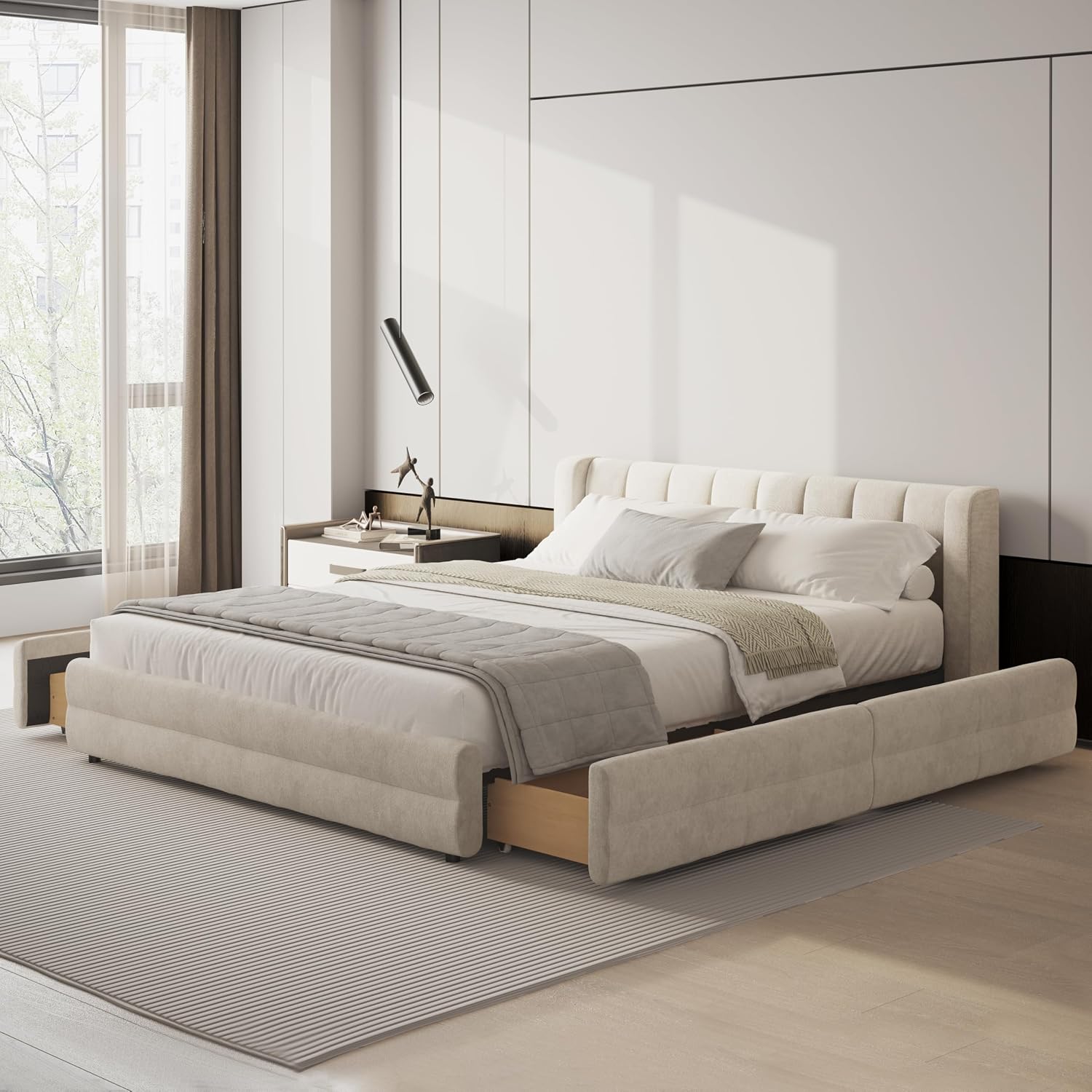 DEINPPA Queen Size Bed Frame with 4 Storage Drawers and Cloud Soft Headboard, Chenille Upholstered Grounded Wood Base Bed Frame, No Box Spring Needed-Beige