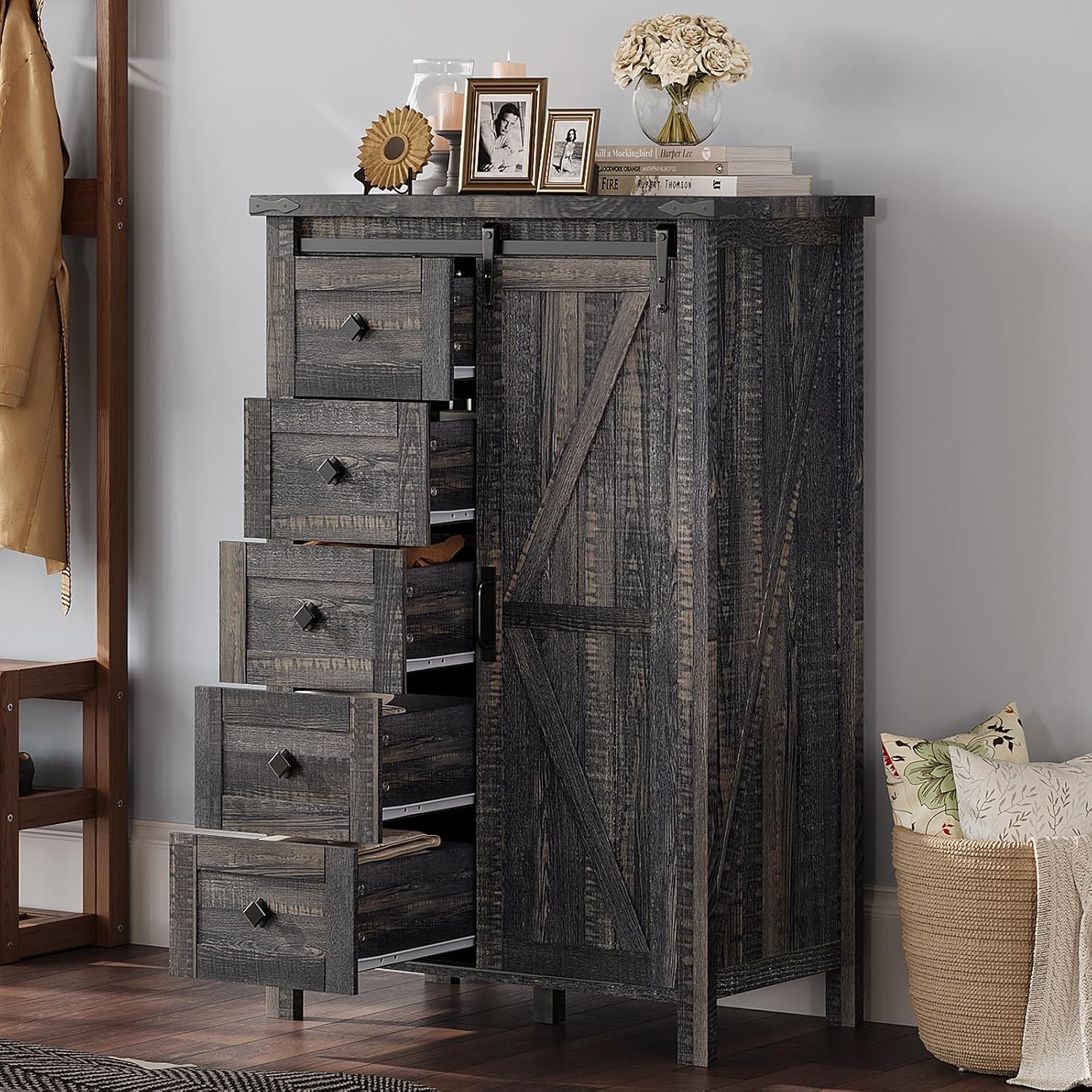 AMERLIFE 2PCS Farmhouse Dresser Set with Sliding Barn Doors, Bedroom Sets Include 47'' Dresser with 4 Drawers, 5-Drawer Tall Dresser, Black Oak