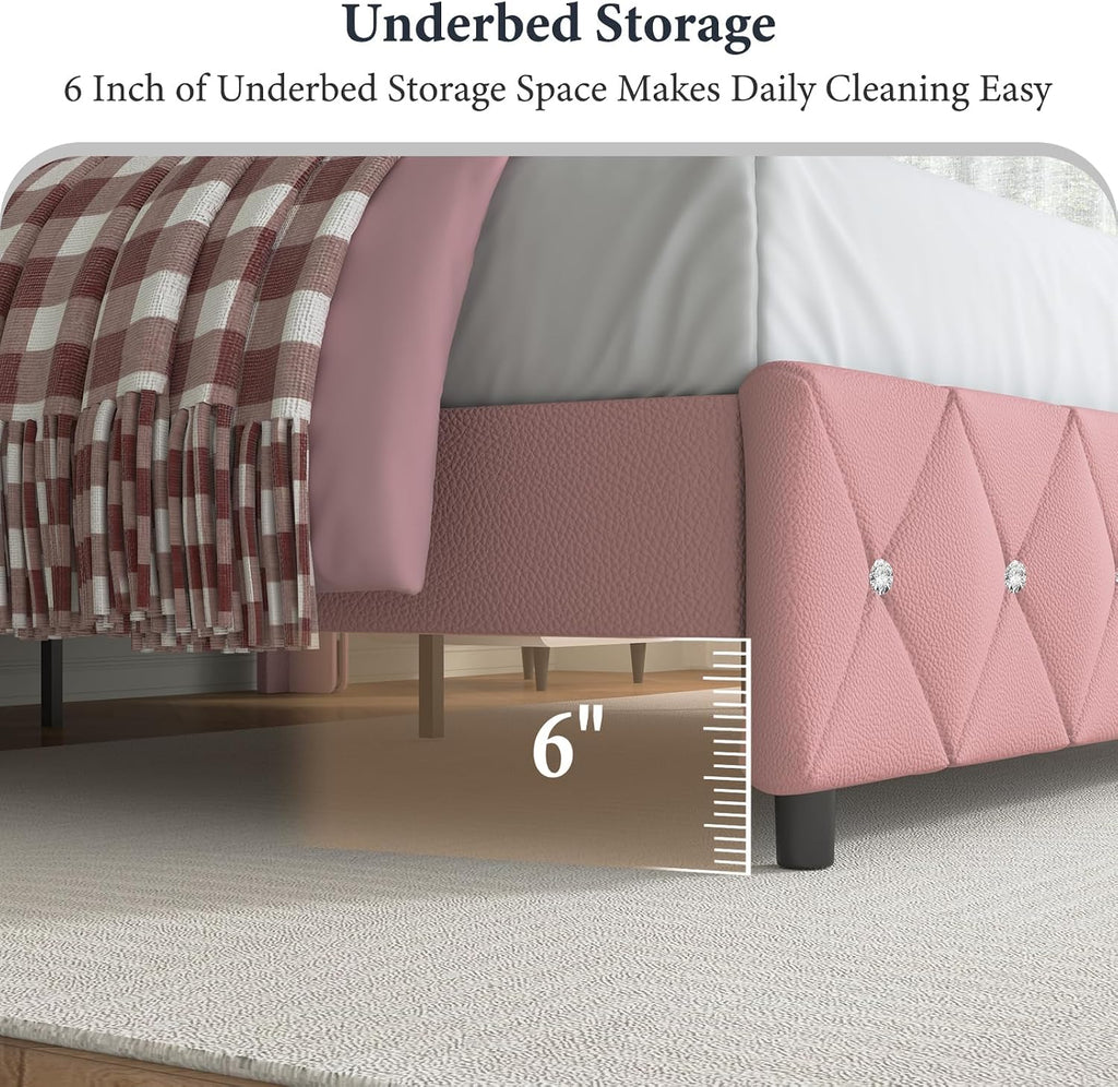 Lullabyre Queen Size Bed Frame, Upholstered Bed Frame with Diamond Tufted Headboard, Modern Silverside Wingback, No Box Spring Needed, Easy Assembly, Pink