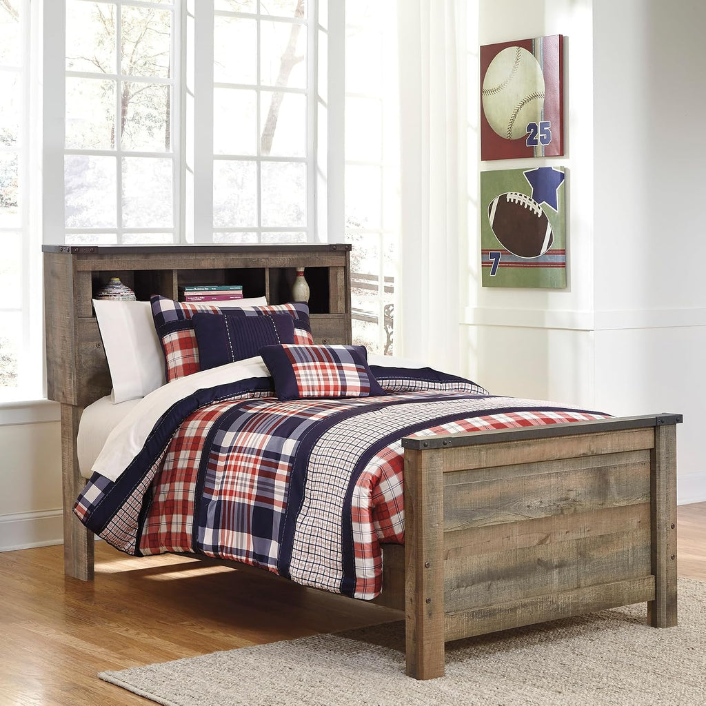 Signature Design by Ashley Trinell Casual Twin Bookcase Panel Bed with Metal Slats and Nailheads, Foundation or Box Spring Needed, Dark Brown
