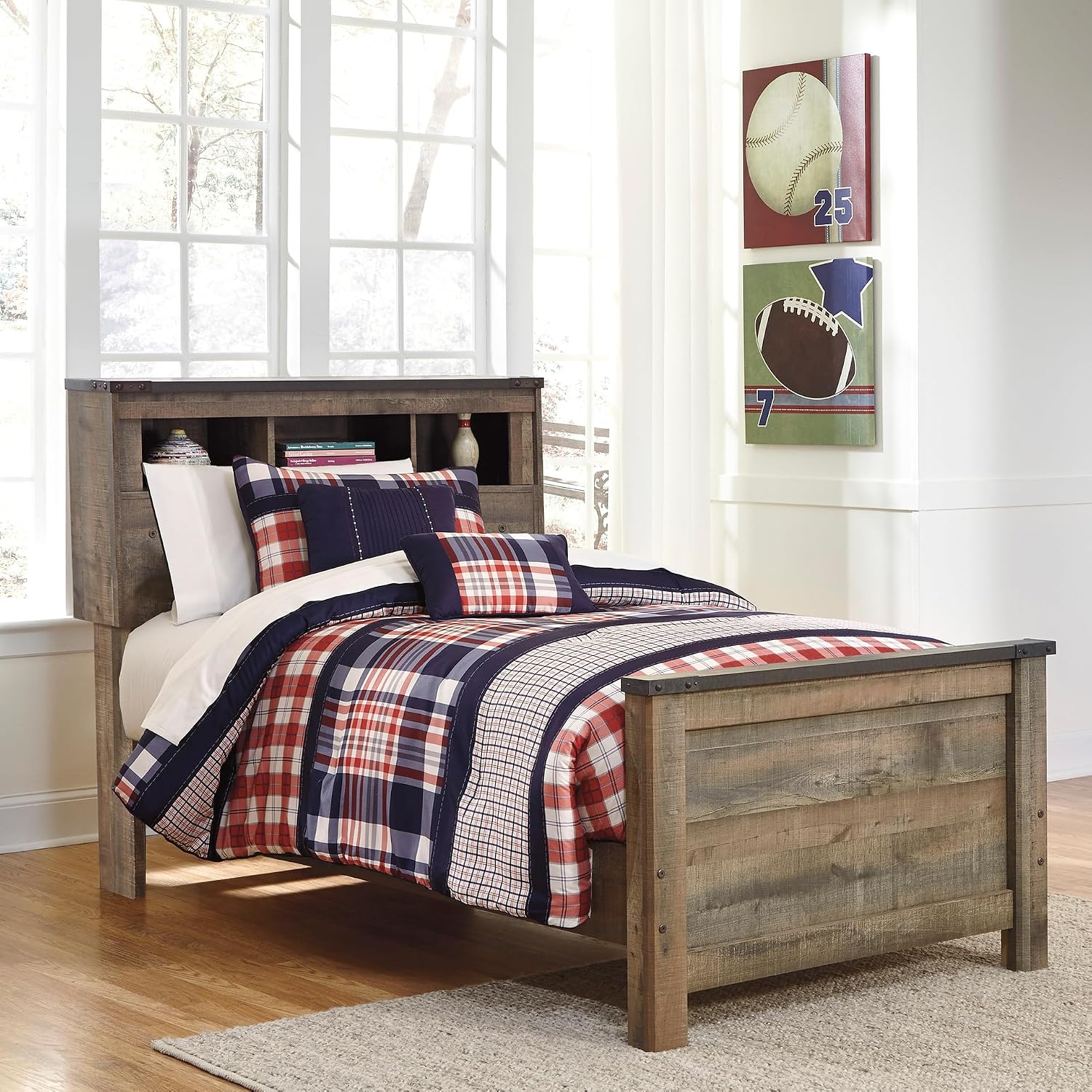Signature Design by Ashley Trinell Casual Twin Bookcase Panel Bed with Metal Slats and Nailheads, Foundation or Box Spring Needed, Dark Brown