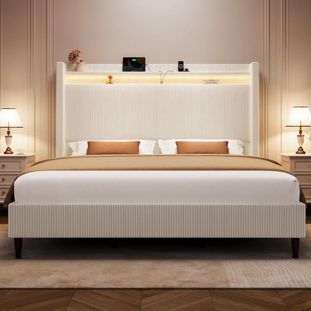 King Size Bed Frame with Tall Headboard, 55.3' Upholstered Platform King Bed Frame, Elegant Corduroy Wingback Bed with LED Lights & Charging Station, No Box Spring Needed, Solid Wood Slats, Cream