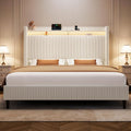 King Size Bed Frame with Tall Headboard, 55.3' Upholstered Platform King Bed Frame, Elegant Corduroy Wingback Bed with LED Lights & Charging Station, No Box Spring Needed, Solid Wood Slats, Cream