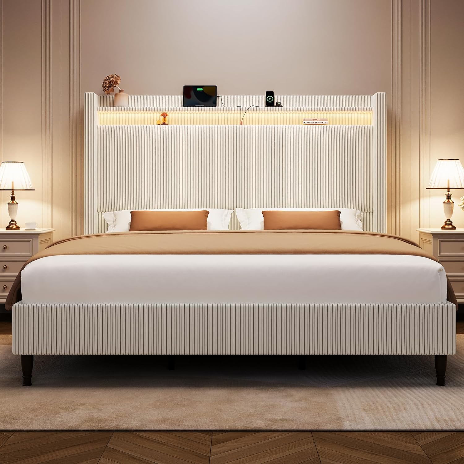 King Size Bed Frame with Tall Headboard, 55.3' Upholstered Platform King Bed Frame, Elegant Corduroy Wingback Bed with LED Lights & Charging Station, No Box Spring Needed, Solid Wood Slats, Cream