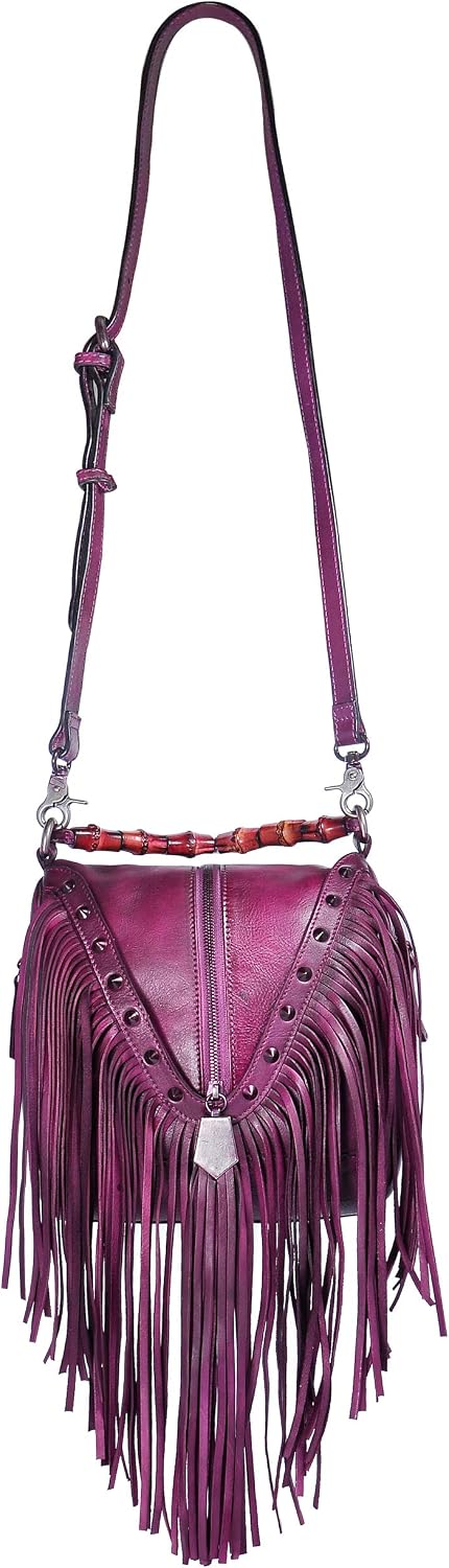 ZLYC Women's Leather Bamboo Hand Strap Featured Fringe Bohemian Tassel Studed Cross Body Bag