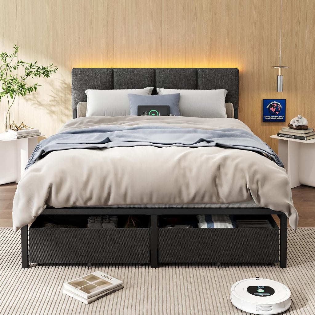 Furnulem Queen Bed Frame with Adjustable Headboard, Upholstered Bed with 2 Storage Drawers, Built-in USB Charging Station & LED Lights, Platform Bedframe with Metal Slats, No Spring Box Needed, Grey