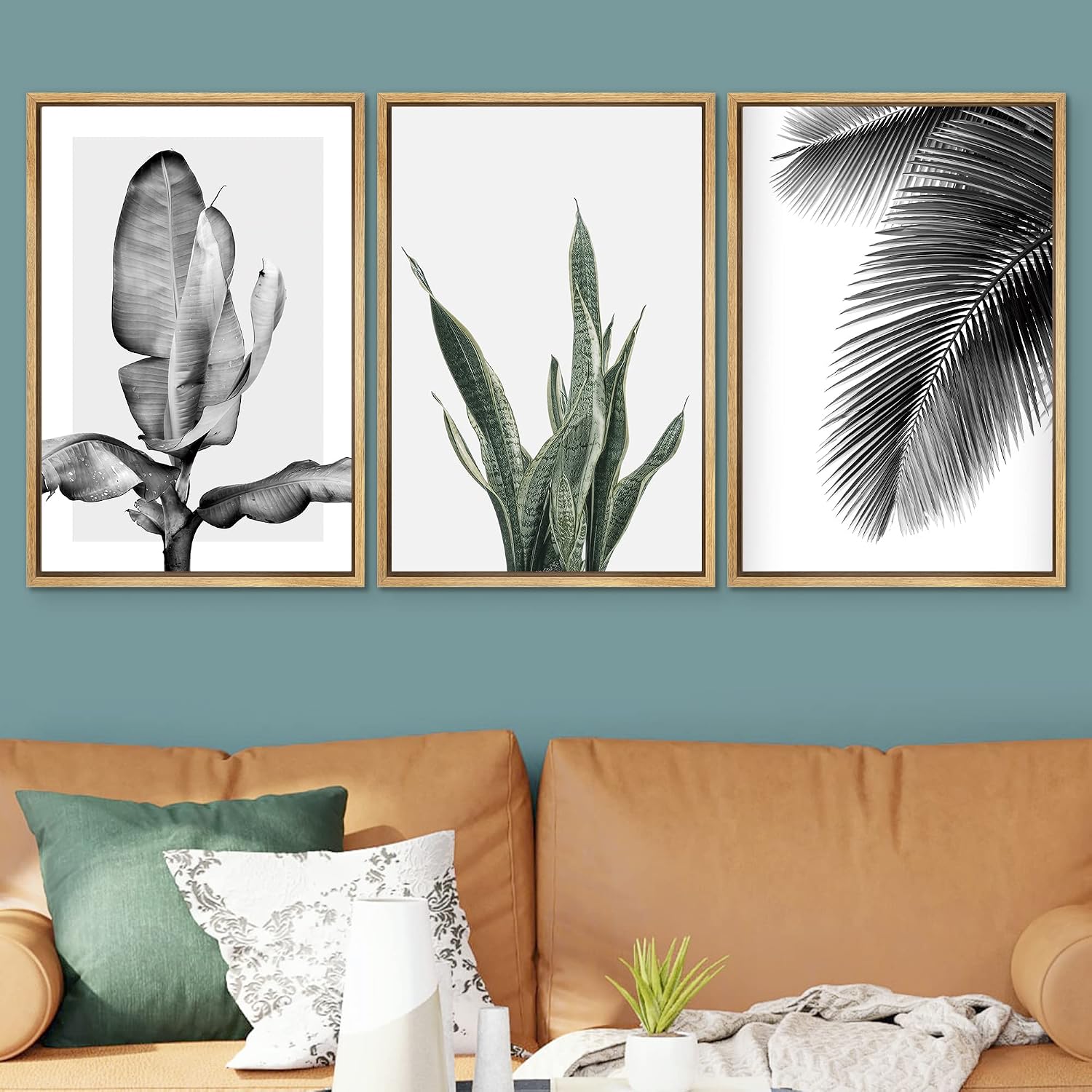 SIGNWIN Framed Canvas Print Wall Art Trio of Jungle Palms & Snake Succulents Floral Plants Photography Modern Art Minimalist Black and White for Living Room, Bedroom, Office - 24'x36'x3 Natural
