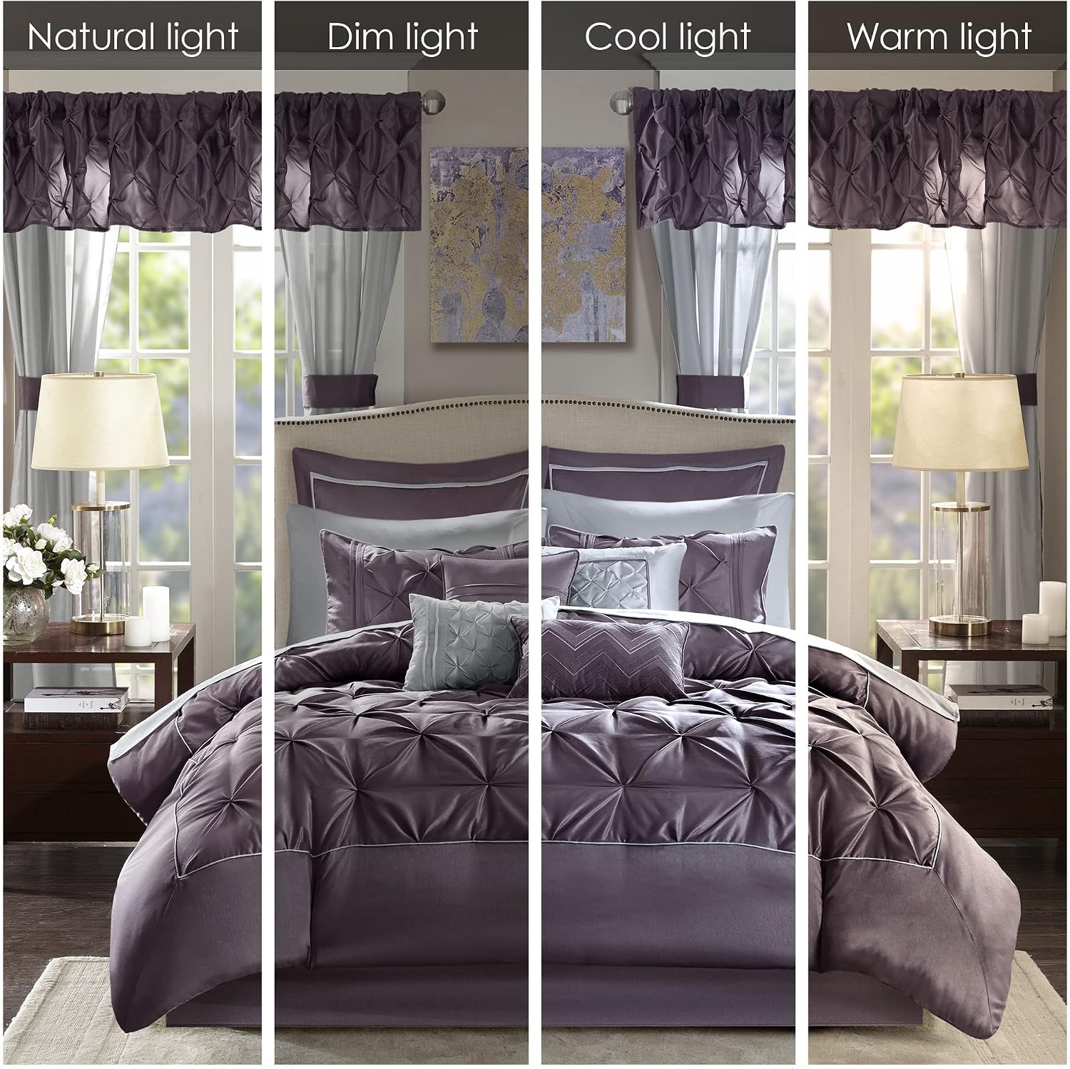 Madison Park Essentials Cal King Comforter Set, 24 Piece Bedding With Matching Curtains, Decorative Pillows, Luxe Diamond Tufting , Room in a Bag Joella Collection, Plum Cal King