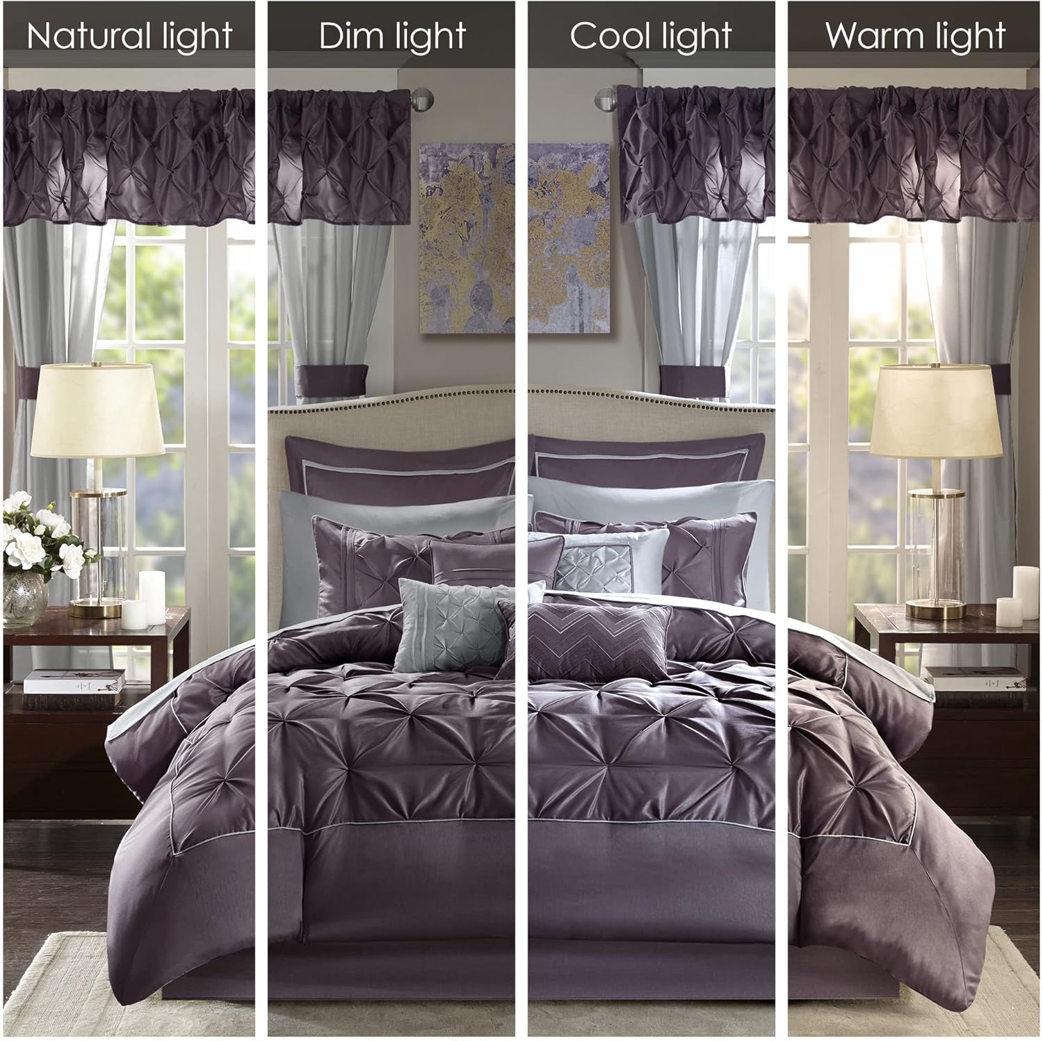 Madison Park Essentials Queen Comforter Set, 24 Piece Bedding With Matching Curtains, Decorative Pillows, Luxe Diamond Tufting , Room in a Bag Joella Collection, Plum Queen