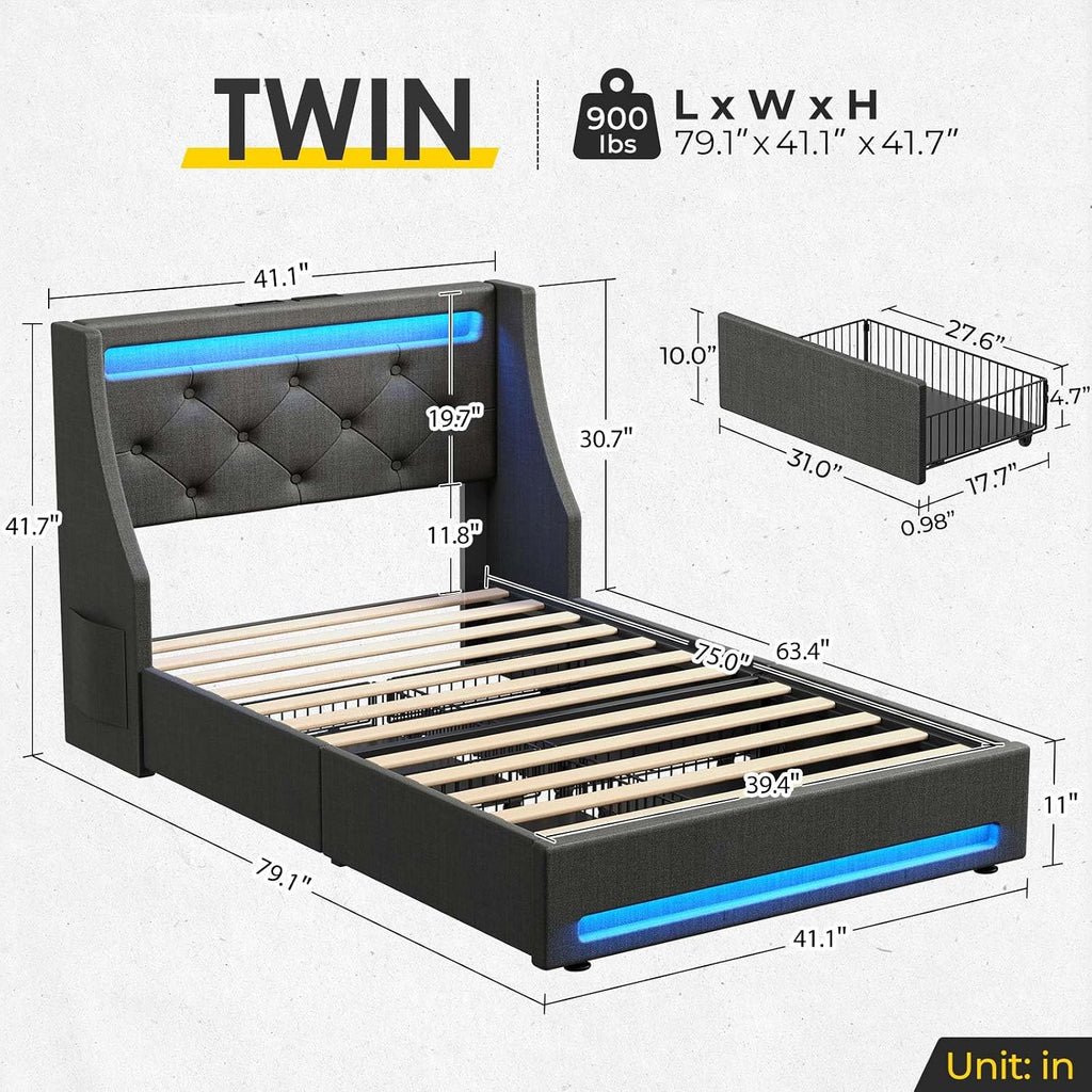 Rolanstar Twin Bed Frame with LED Lights and Charging Station, Upholstered Bed with Drawers, Wooden Slats, Noise Free, Easy Assembly, Dark Gray