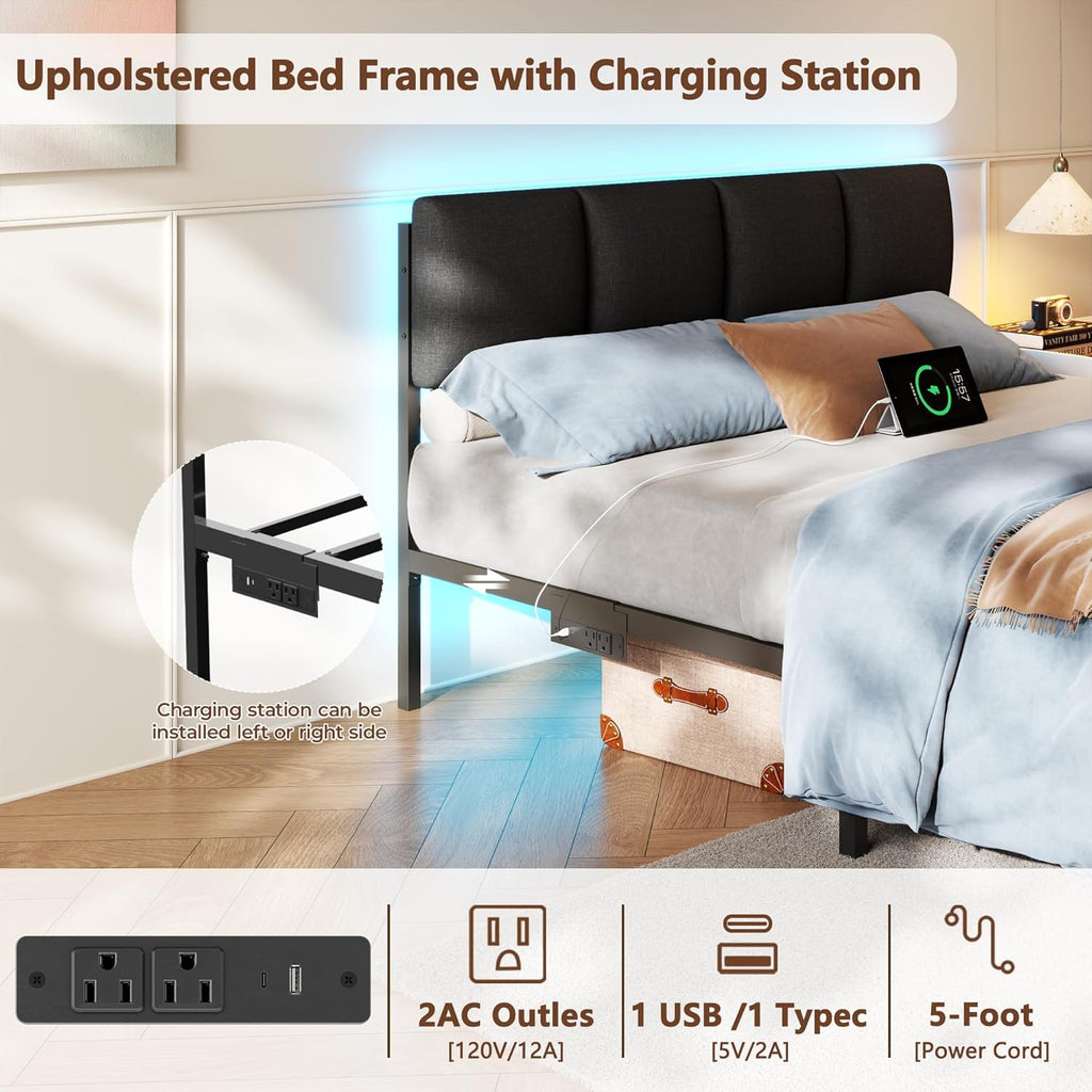 Furnulem Queen Bed Frame with Charging Station and LED Lights, Upholstered Headboard, Metal Platform Bed with 2 Fabric Storage Drawers, Noise Free, No Box Spring Needed, Gery